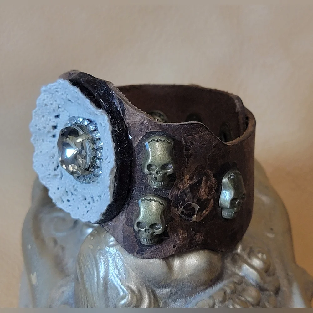 Leather & Lace Cuff Bracelet With Skulls & Crystal Rhinestones Handmade - Picture 5 of 12